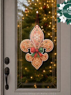 Gingerbread Fleur de Lis Bow Door Hanger Retro New Orleans Art Christmas Decor